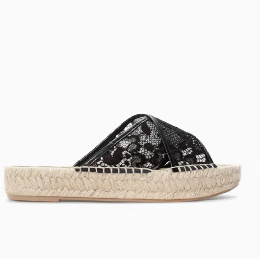 Zara Black Lace Crisscross Espadrille Woven Jute Platform Slide Sandals